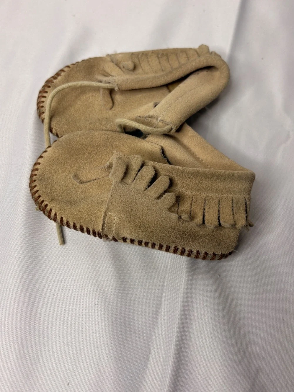 Vintage Suede Leather Fringed Baby Moccasins Shoes Missing one Lace
